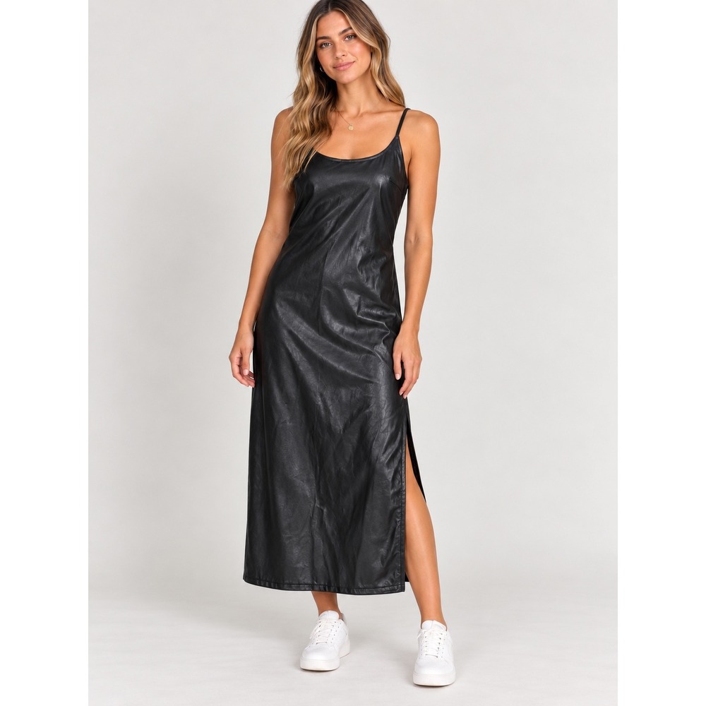 Women's Faux Leather Midi Slip Dress Black Sleeveless Side Slit Gothcore Size L